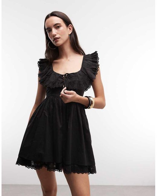Reclaimed Vintage Black Mini Dress With Broderie Sleeves And Hem