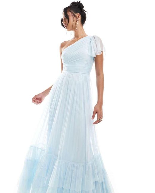 LACE & BEADS Blue Bridesmaid Madison One Shoulder Tulle Maxi Dress