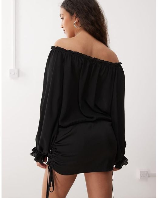 Lioness Black Sevigny Bardot Chiffon Tie Front Ruched Skirt Mini Dress