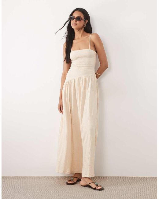 ASOS Natural Crinkle Cami Tie Back Midi Dress With Asymmetric Waist