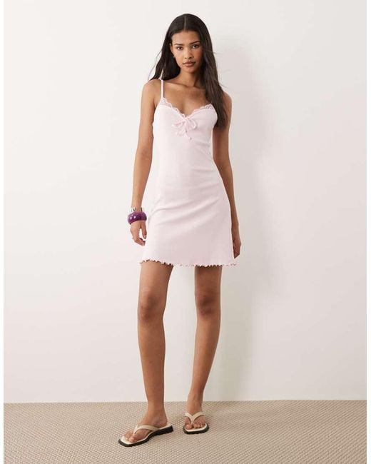 Miss Selfridge Natural Rib Fit And Flare Mini Dress With Lace Trim