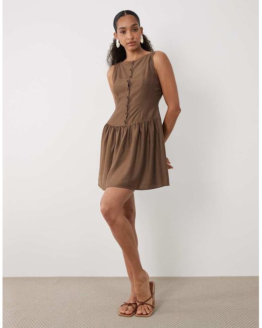 Brave Soul Brown Slash Neck Button Down Dropped Waist Mini Dress
