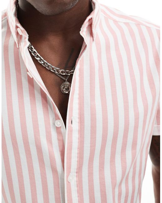 ASOS Pink Stretch Slim Oxford Stripe Shirt for men