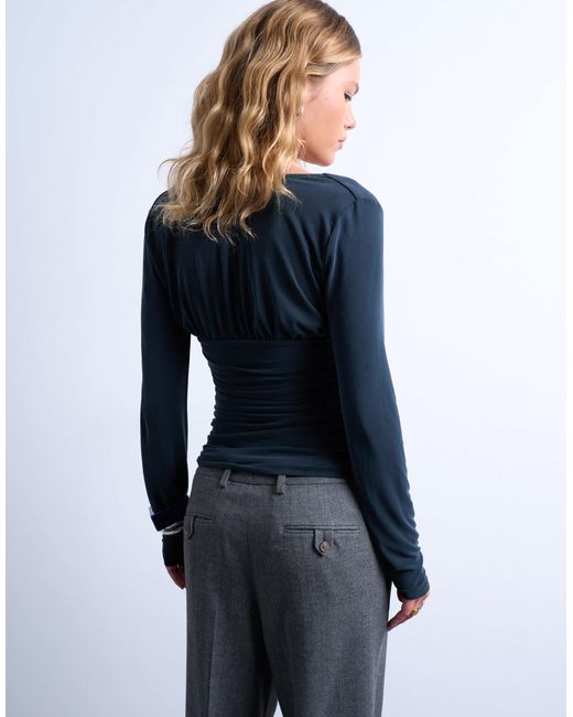 TOPSHOP Blue Cupro Scoop Neck Long Sleeve Ruched Top