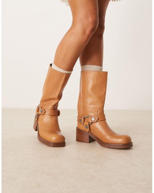 ASOS Natural Colton Premium Leather Harness Trucker Knee Boots