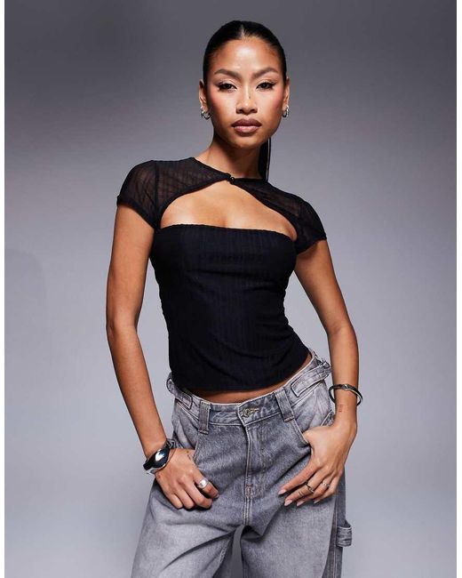 ASOS Black Shirred Mesh Short Sleeve Top With Rouleau Button Detail