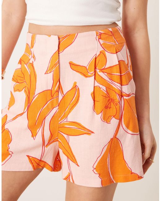 ASOS Orange High Waist Seam Detail Tailored Shorts Co-ord With Linen