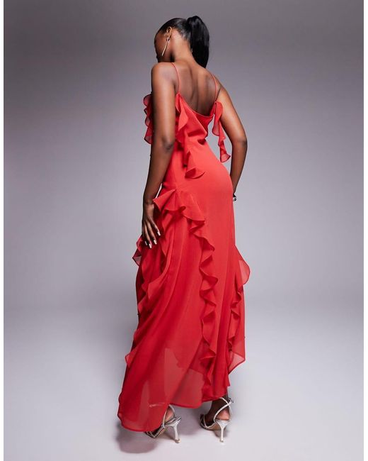 ASOS Red Textu Chiffon Maxi Dress With Trailing Ruffles