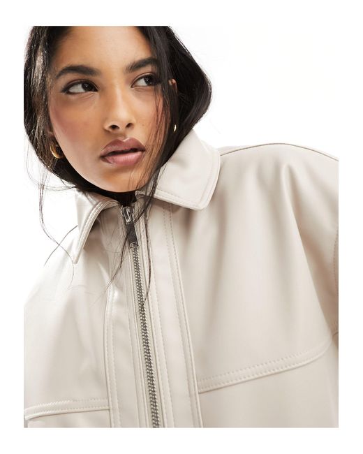 ASOS White Faux Leather Bomber Jacket With Collar