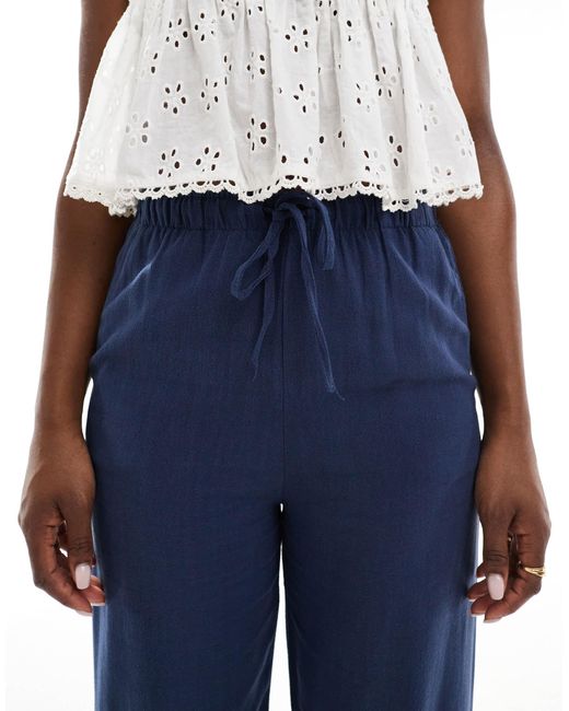Stradivarius Blue Linen Look Pull On Trouser