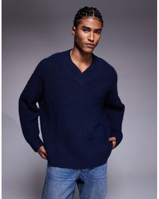 ASOS Blue Super Oversized Knitted V-neck Jumper for men