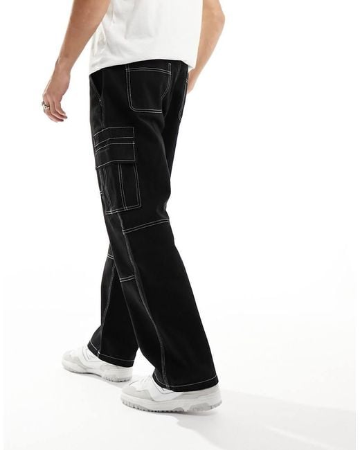 Bershka Black Wide Leg Contrast Stitch Cargo for men