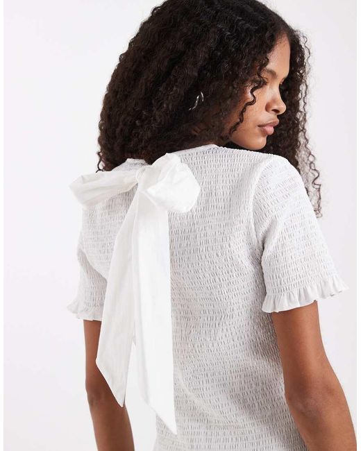 ASOS White Shirred Bow Detail Short Sleeve Top