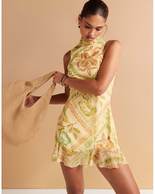 ASOS Natural High Neck Cowl Back Chiffon Mini Dress