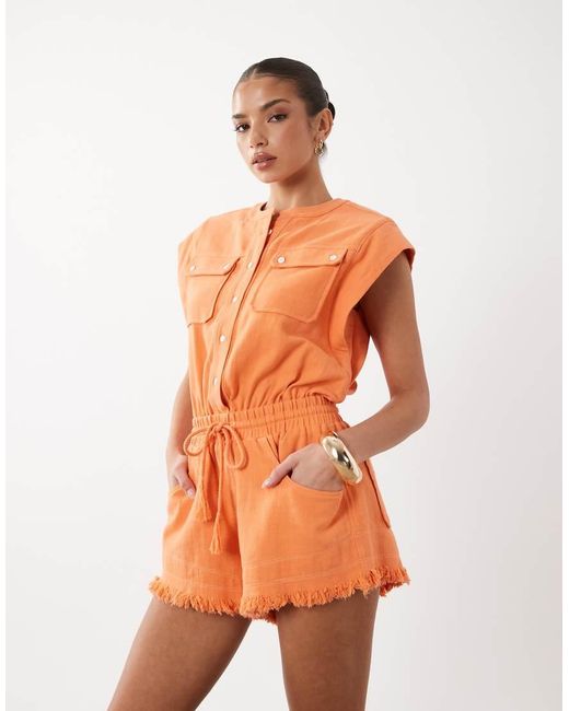 Noughts & Kisses Orange Cotton Rich Frayed Shorts Detail Sleeveless Playsuit