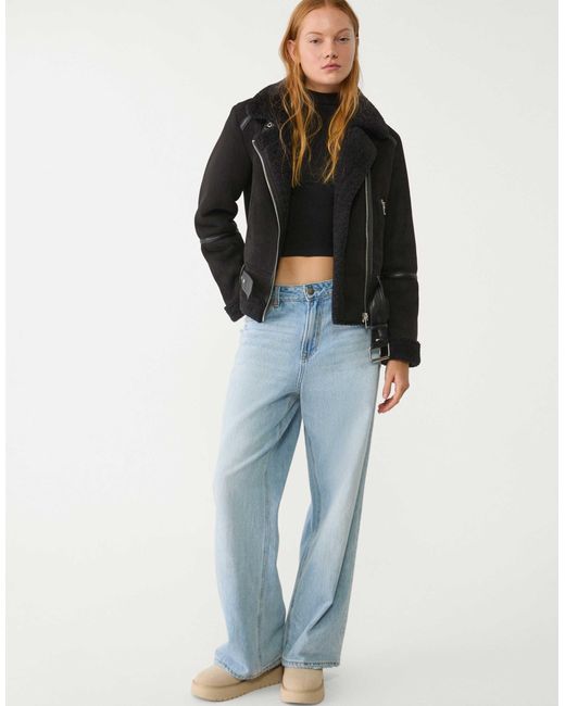 Blouson style motard imitation daim Stradivarius en coloris Black