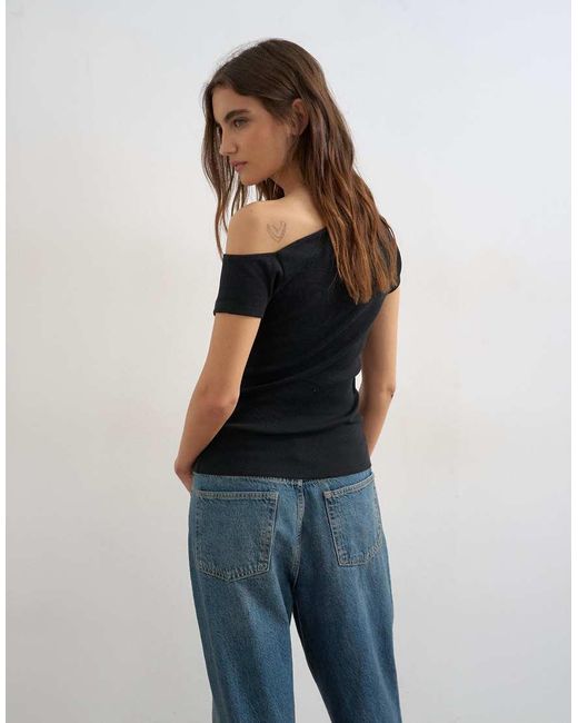 TOPSHOP Black Bardot Button Through Top