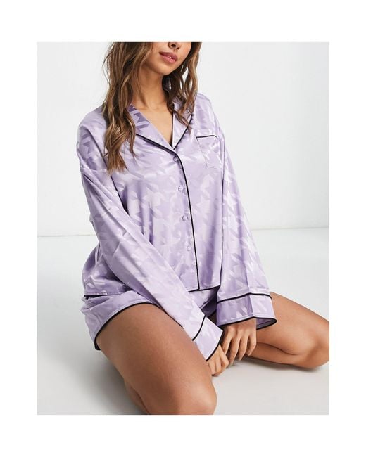 ASOS Mix & Match Satin Dogtooth Jacquard Pajama Shirt in Purple