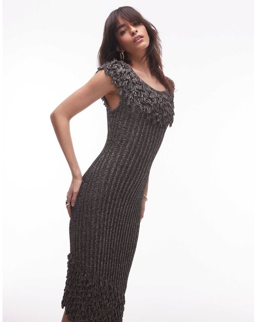 & Other Stories Gray Knitted Midi Dress With Fringed Neckline And Hem