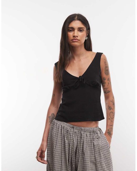 Reclaimed Vintage Black Linen Look V Neck Button Detail Top