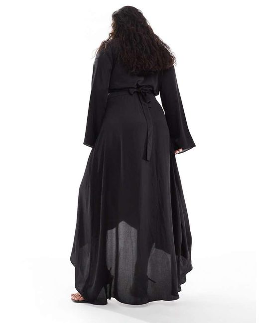 Tfnc Plus Black Satin Long Sleeve Wrap Maxi Dress