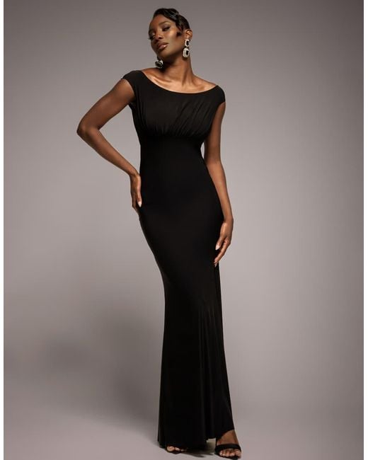 Goddiva Black Open Back Cowl Neck Gathered Maxi Dress With Velvet Tie Back