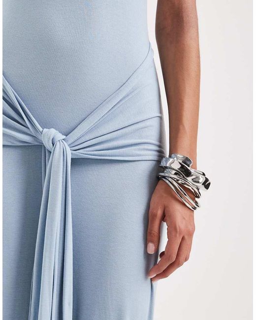 4th & Reckless Blue Soft Jersey Scoop Neck Halterneck Drape Tie Front Maxi Dress