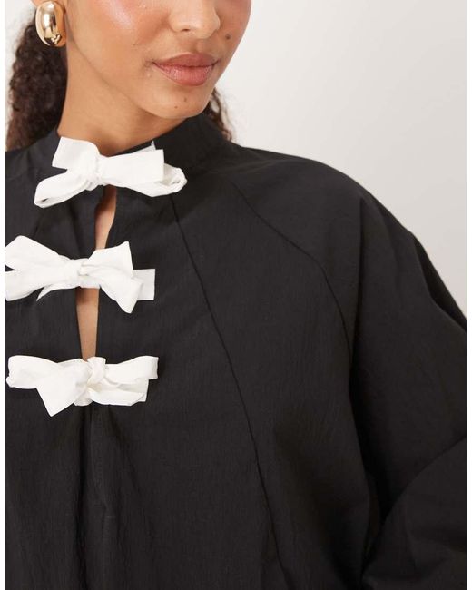 Ghospell Black Swing Mini Dress With Bow Detail