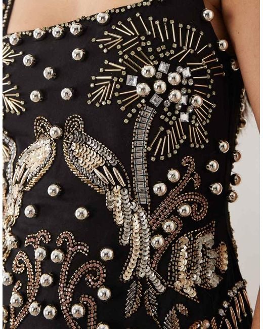 ASOS Natural Embellished Mini Dress With Flower Artwork
