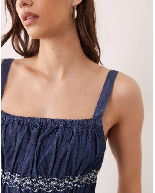Miss Selfridge Blue Shirred Embroidered Cami Top