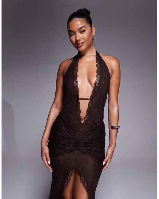 Murci Blue Exclusive Lace Halterneck Deep Plunge Front Split Maxi Dress