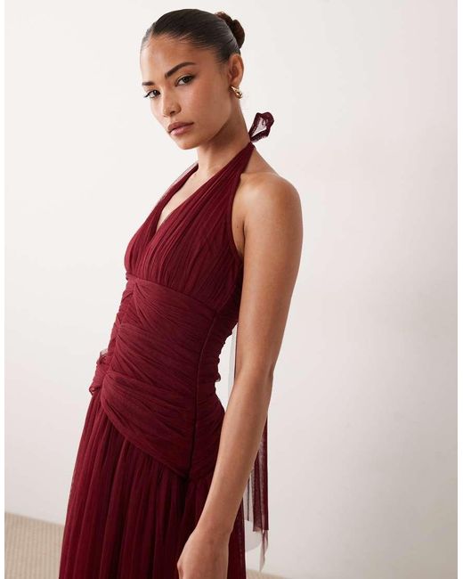 LACE & BEADS Structured Halter Neck Dropped Waist Maxi Dress