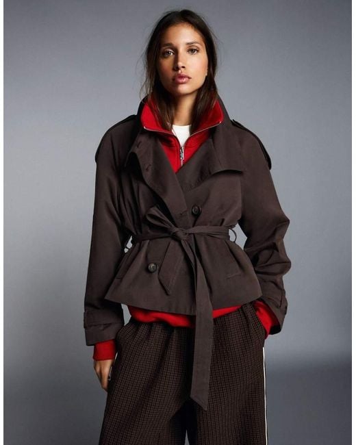 Bershka Brown Funnel Neck Trench Jacket