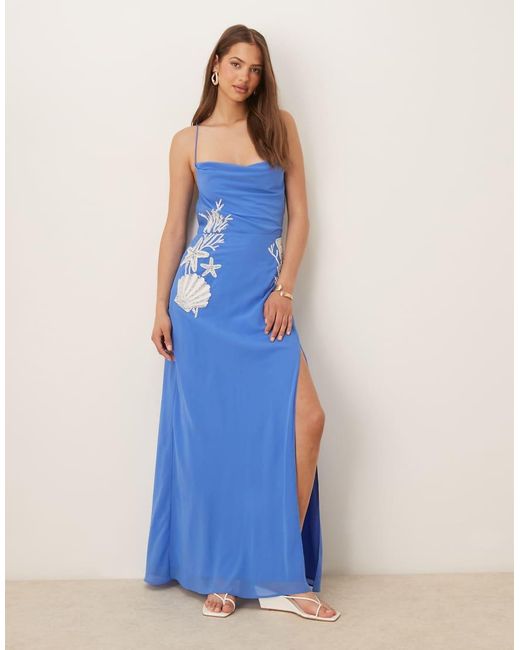 Hope & Ivy Blue Embellished Cross Back Cami Maxi Dress