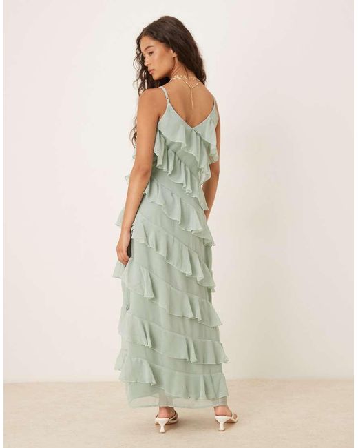 Vila Green Asymmetric Frill Maxi Dress With Side Split