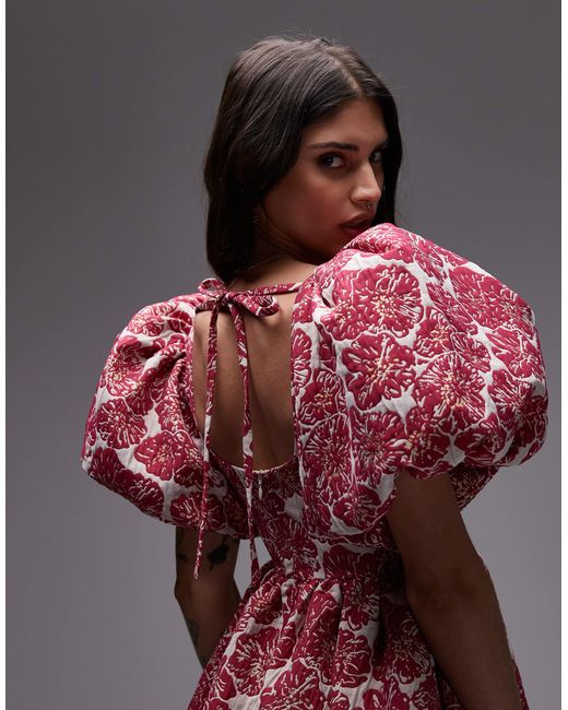 & Other Stories Pink Brocade Mini Dress With Statement Puff Sleeves And Deep Back