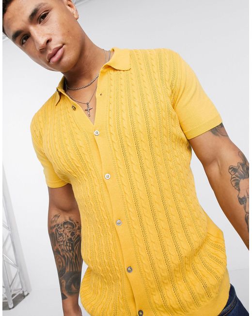 New Look Yellow Cable Button Through Knitted Polo for men