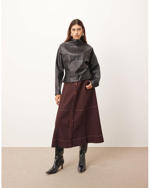 ARRANGE Red Heavy Twill Full Midi Skirt With Contrast Stitch