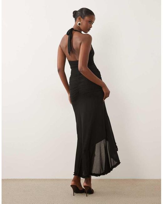 Missy Empire Black Double Sculpted Slinky Scoop Halterneck Ruffle High Low Detail Maxi Dress