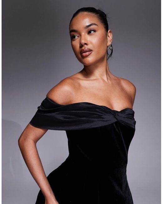Jarlo Blue Asymmetric Bardot Velvet Mini Dress