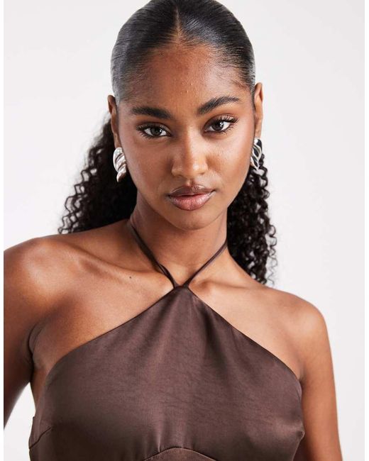 Six Stories Brown Bridesmaid Satin Halterneck Maxi Dress