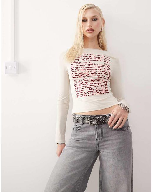 Collusion White Slash Neck Long Sleeve Flocked Top