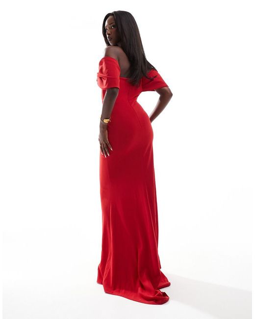 Goddiva Red Off The Shoulder Draped Sleeve Maxi Dress
