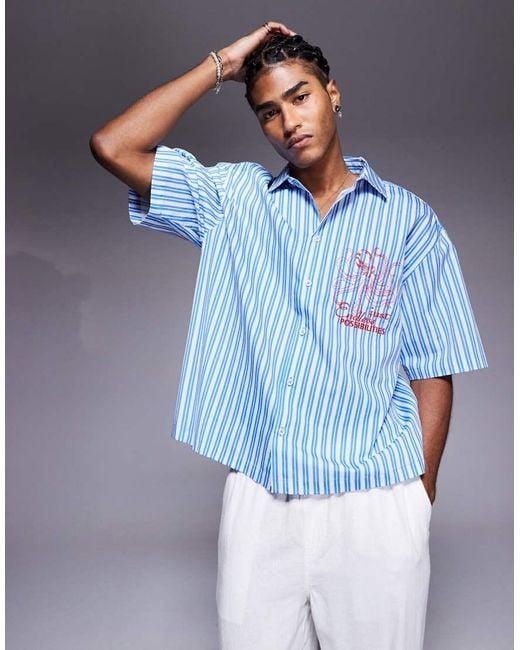 Camisa Azul A Rayas De Corte Cuadrado Extragrande Con Bordado En El Pecho De ASOS de hombre de color Blue