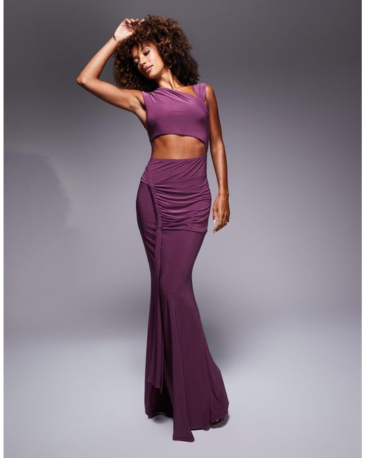Serefine | Grey Asymmetric-Neck Maxi Dress With Body Cut-Out