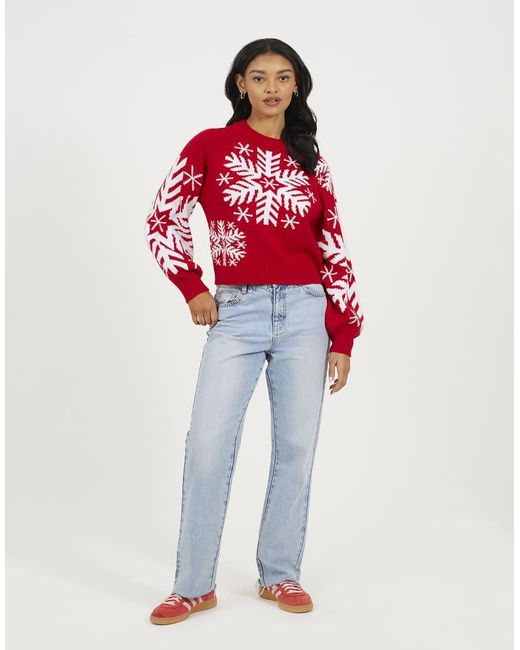 Brave Soul Red Crew Neck Snowflake Christmas Jumper