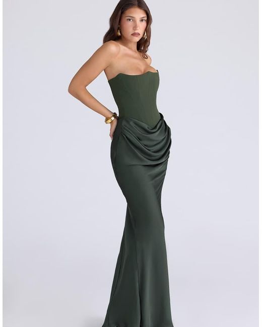 House Of Cb Persephone Forest Crepe Strapless Corset Maxi Dress in Green