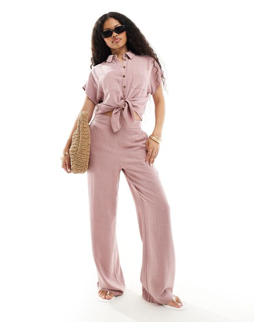 Pieces Pink Tie Front Linen Shirt Co-ord