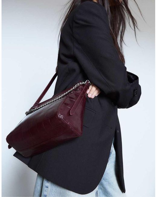 Stradivarius White Mock Croc Crossbody Bag With Chain