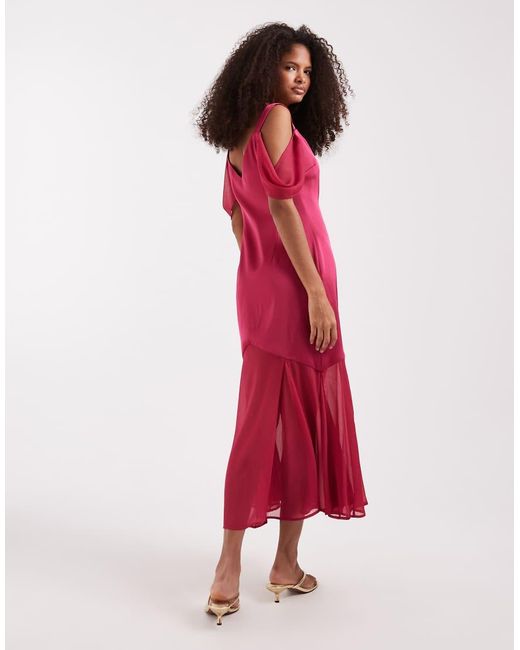 Pretty Lavish Red Cold Shoulder Drop Hem Sheer Maxi Dress
